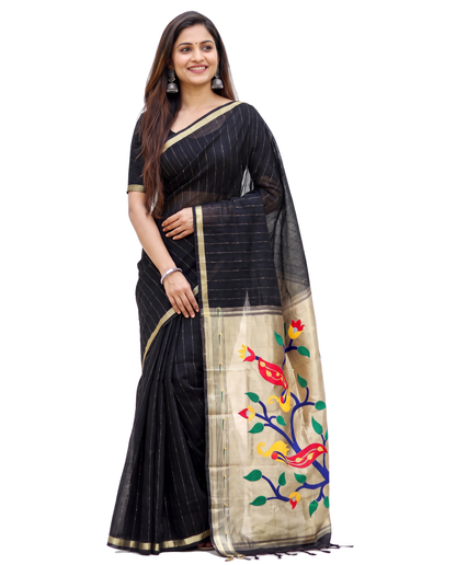 Women's Paithani Silk Blend Saree with Zari Woven Striped Lines and Peacock Floral Pallu including Unstitched Blouse Piece.