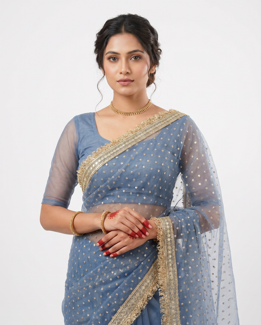 Women's Lightweight Organza Georgette Saree with Embroidered Zari Border & Unstitched Blouse Piece.
