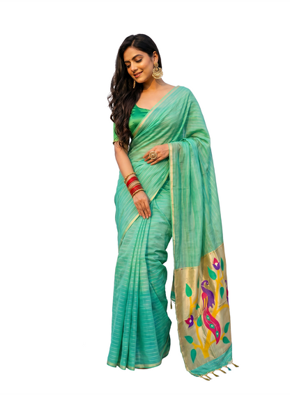 Women's Paithani Style Woven Linen Cotton Saree with Unstitched Blouse Piece.