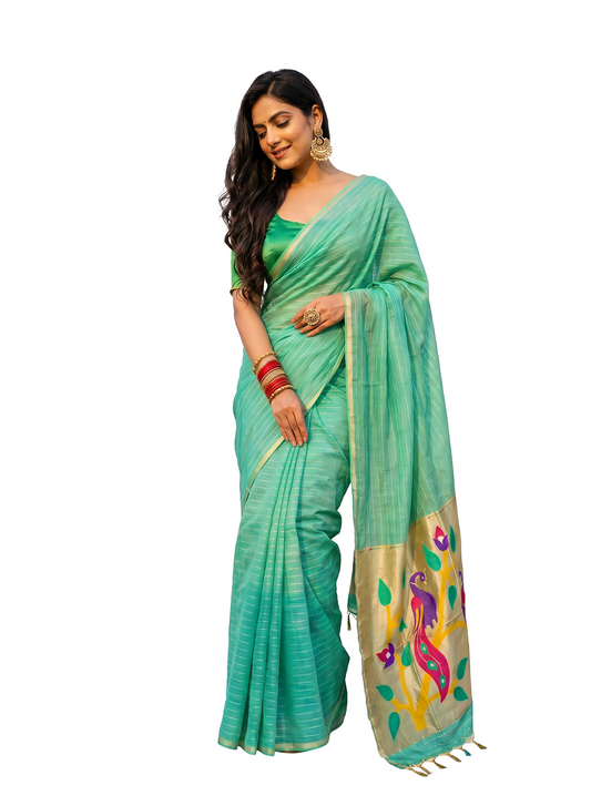 Women's Paithani Style Woven Linen Cotton Saree with Unstitched Blouse Piece.