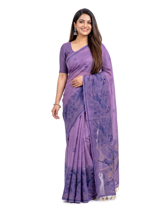 Women's Pure Linen Cotton Floral Embroidered Saree with Unstitched Blouse Piece.