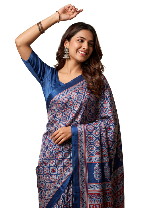 Women's Traditional Floral Block Printed Art Silk Saree with Unstitched Blouse Piece.