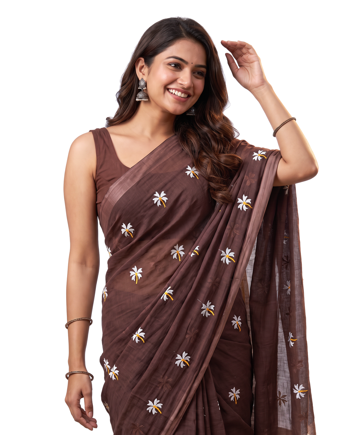 Women's Pure Linen Cotton Floral Embroidered Saree with Unstitched Blouse Piece.