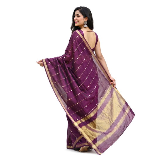 Women's Zari Maheshswari Cotton Blend Zari Woven Saree with Unstitched Blouse Piece.