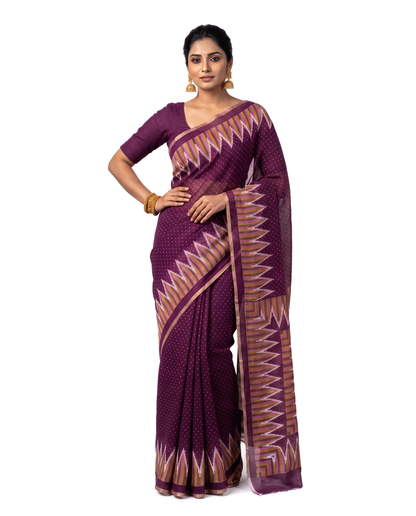 Women's Cotton Blend Ikat Print Saree with Unstitched Blouse Piece.