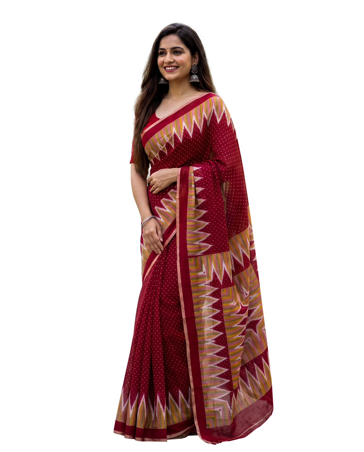 Women's Cotton Blend Ikat Print Saree with Unstitched Blouse Piece