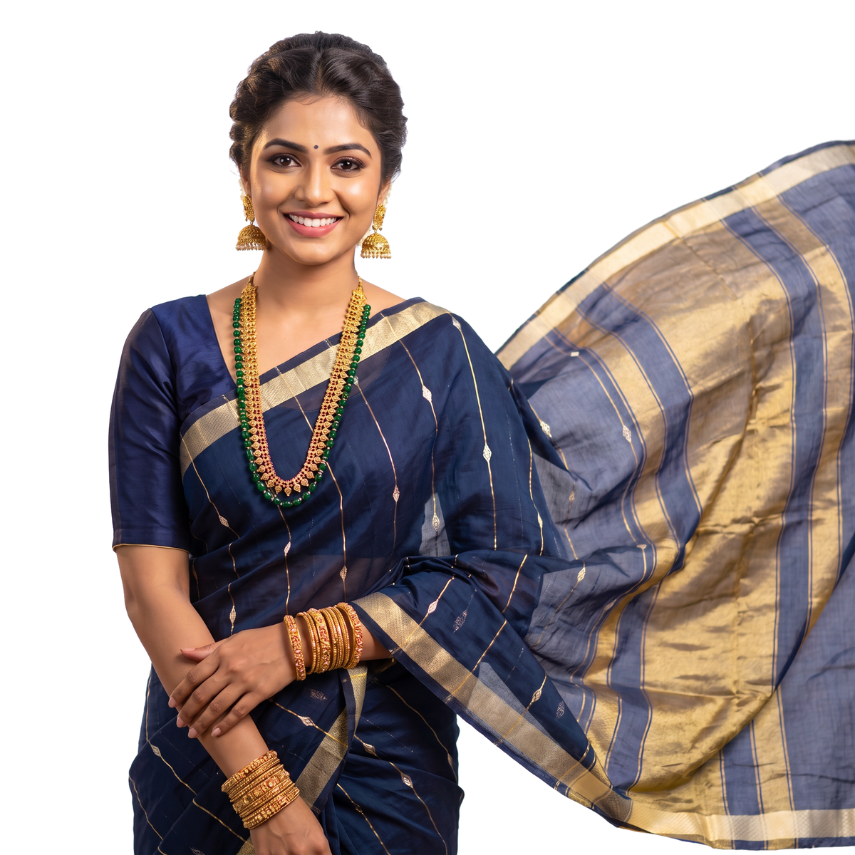 Women's Zari Maheshswari Cotton Blend Zari Woven Saree with Unstitched Blouse Piece.