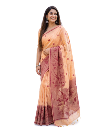 Women's Pure Linen Cotton Floral Embroidered Saree with Unstitched Blouse Piece.