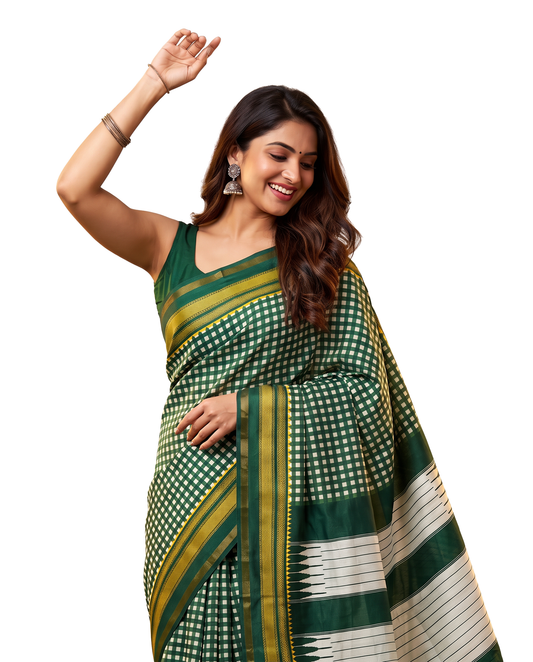 Women's Synthetic Silk Blend Checked Saree with Contrast Border & Unstitched Blouse Piece.