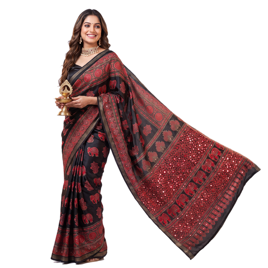 Shri Hari Sarees Women's Ethnic Ajrakh Mirror Printed Art Silk Saree with Unstitched Blouse Piece.