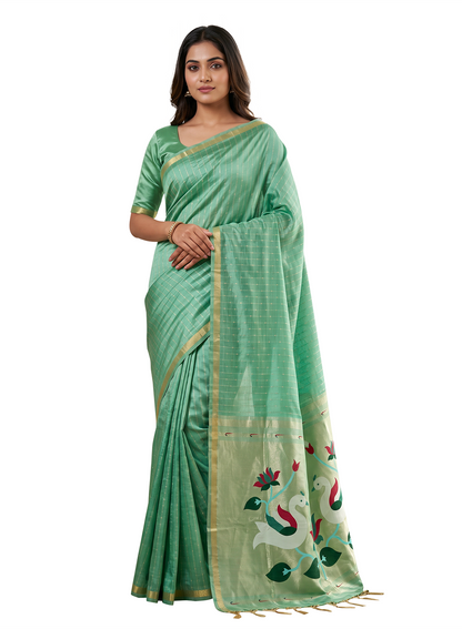 Women's Paithani Silk Saree with Unstitched Blouse Piece.