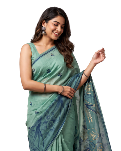 Women's Pure Linen Cotton Floral Embroidered Saree with Unstitched Blouse Piece.