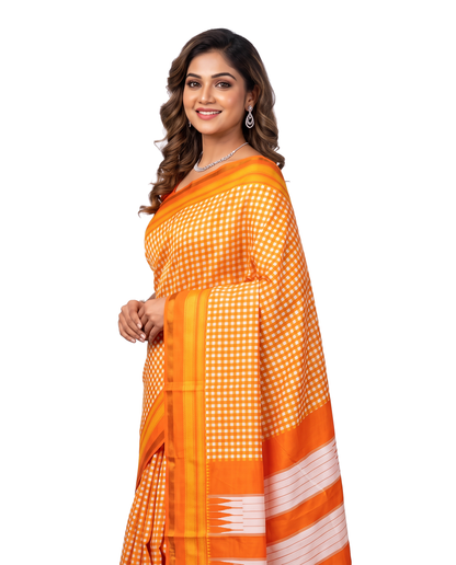 Women's Synthetic Silk Blend Checked Saree with Contrast Border & Unstitched Blouse Piece.