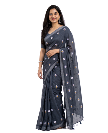 Women's Pure Linen Cotton Floral Embroidered Saree with Unstitched Blouse Piece.