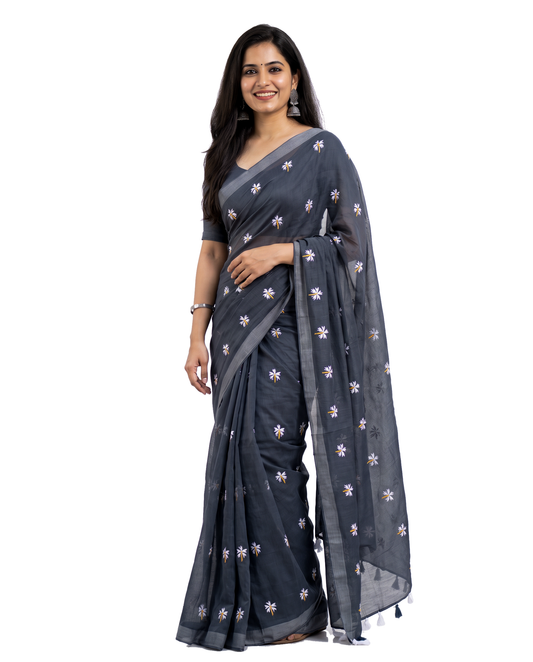 Women's Pure Linen Cotton Floral Embroidered Saree with Unstitched Blouse Piece.
