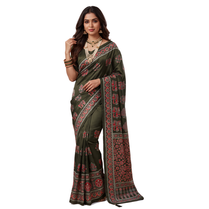 Shri Hari Sarees Women's Ethnic Ajrakh Mirror Printed Art Silk Saree with Unstitched Blouse Piece.