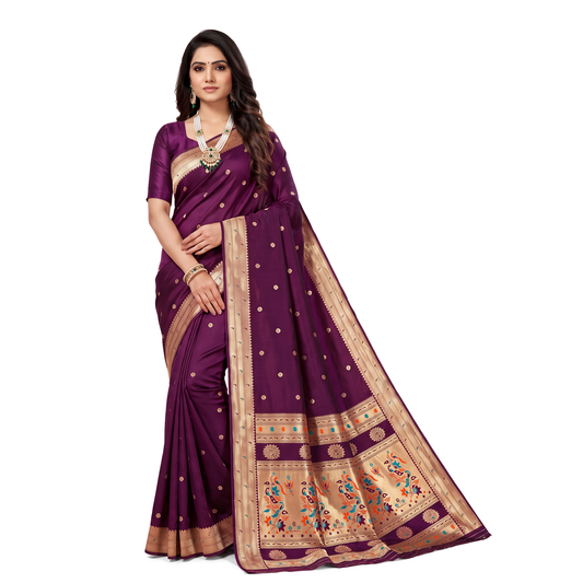 Banarasi Soft Silk Saree Festive Woven Jacquard Zari Border Sarees with Unstitched Blouse Piece.