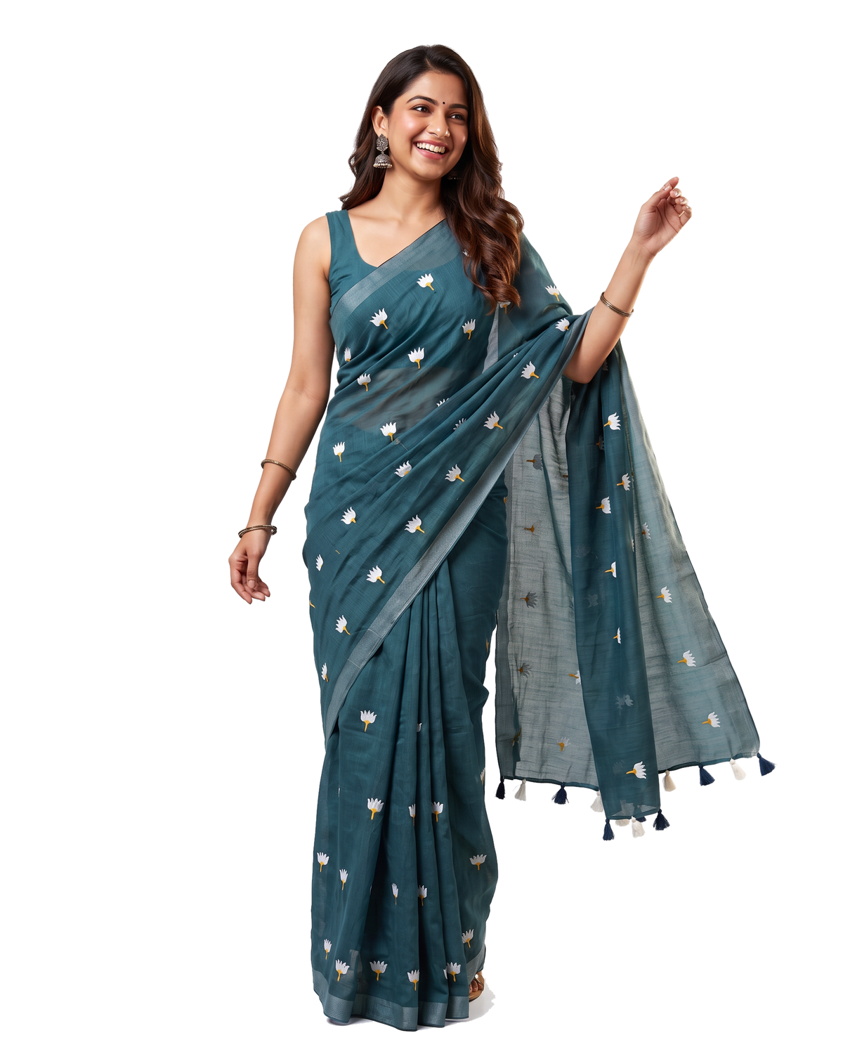 Women's Pure Linen Cotton Floral Embroidered Saree with Unstitched Blouse Piece.