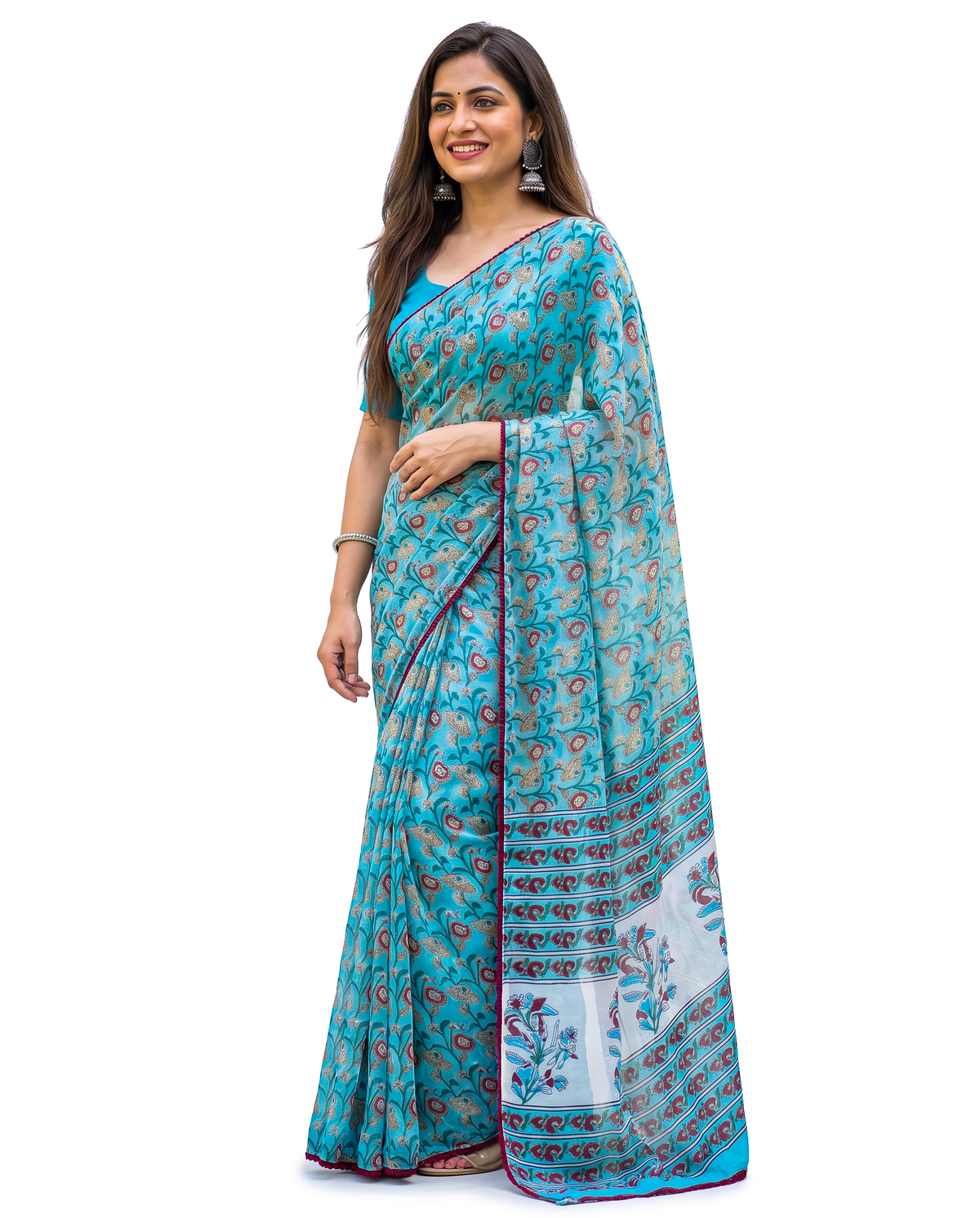 Women's Floral Print Chiffon Saree with Unstitched Blouse Piece.