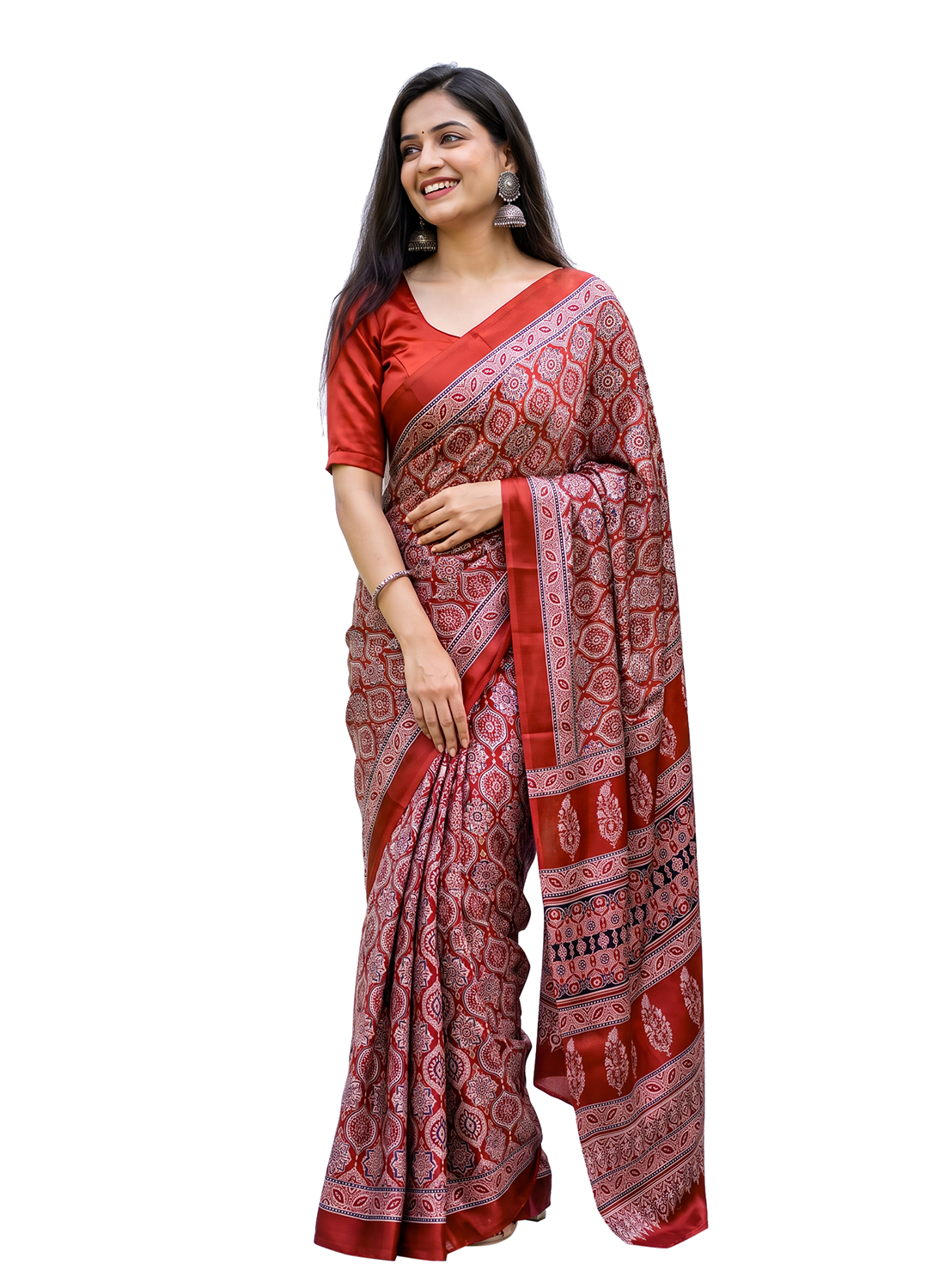 Women's Traditional Floral Block Printed Art Silk Saree with Unstitched Blouse Piece.
