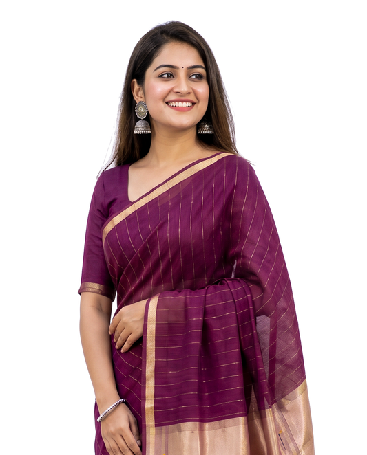 Women's Paithani Silk Blend Saree with Zari Woven Striped Lines and Peacock Floral Pallu including Unstitched Blouse Piece.