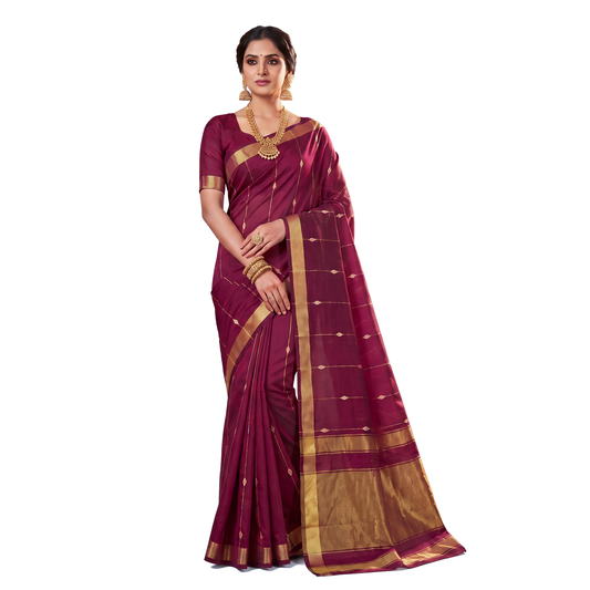 Women's Zari Maheshswari Cotton Blend Zari Woven Saree with Unstitched Blouse Piece.