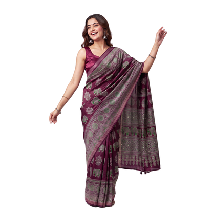 Shri Hari Sarees Women's Ethnic Ajrakh Mirror Printed Art Silk Saree with Unstitched Blouse Piece.