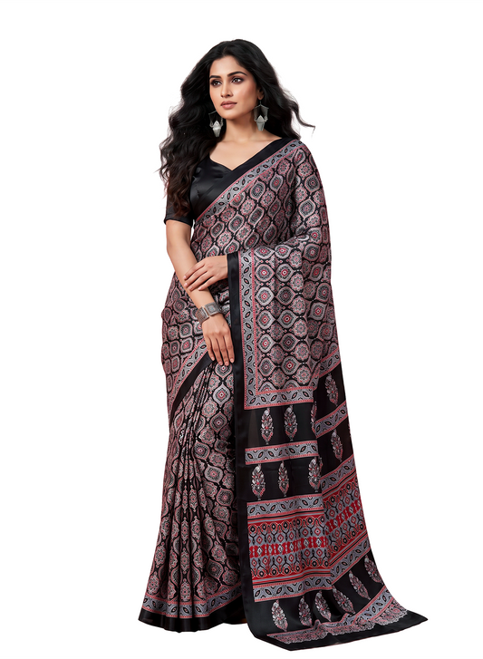 Women's Traditional Floral Block Printed Art Silk Saree with Unstitched Blouse Piece.