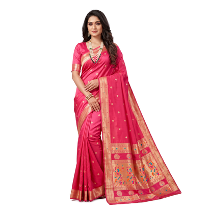 Banarasi Soft Silk Saree Festive Woven Jacquard Zari Border Sarees with Unstitched Blouse Piece.