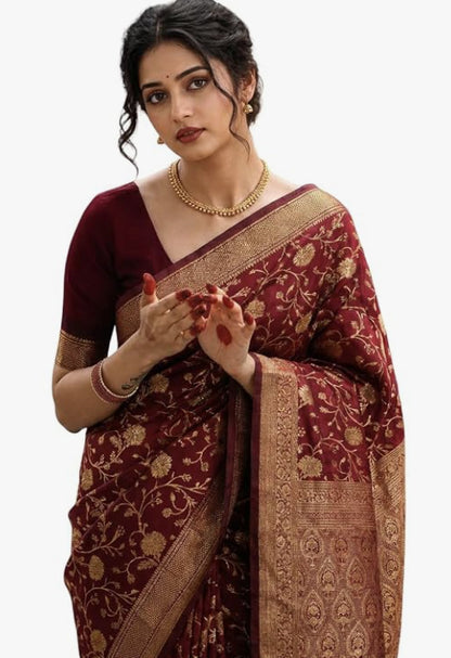 Women's Woven Banarasi Art Silk Saree with Unstitched Blouse Piece.