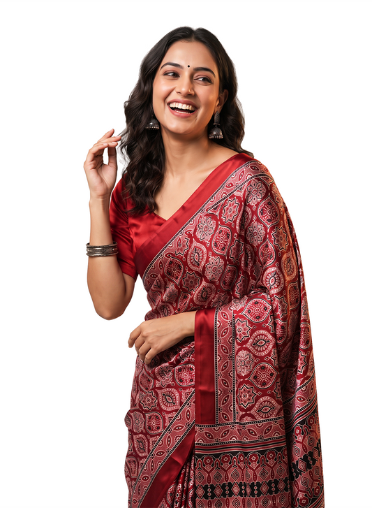 Women's Traditional Floral Block Printed Art Silk Saree with Unstitched Blouse Piece.