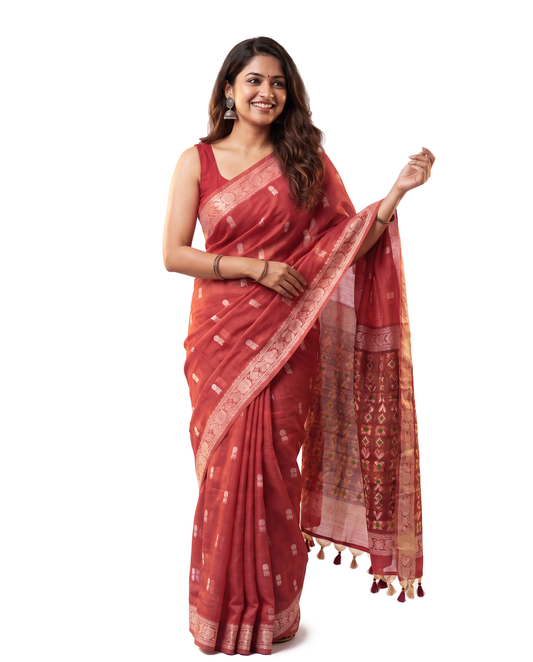 Women's Woven Design Linen Cotton Blend Saree with Unstitched Blouse Piece.