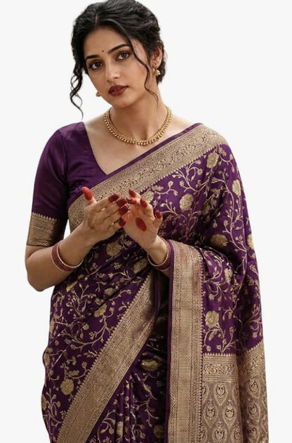 Women's Woven Banarasi Art Silk Saree with Unstitched Blouse Piece.