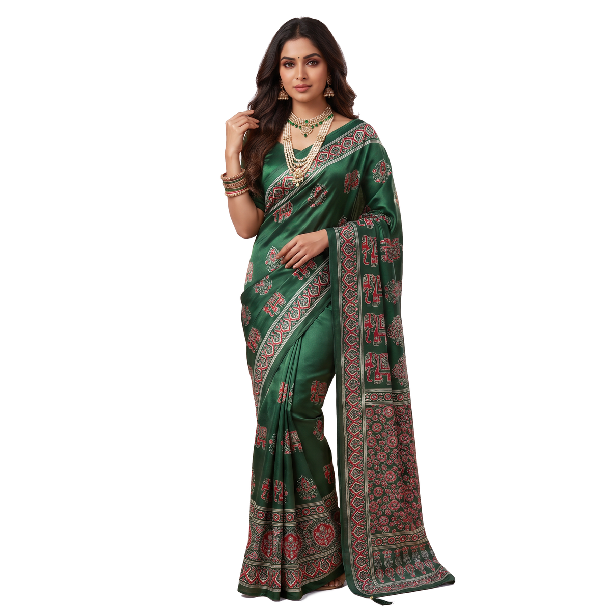 Shri Hari Sarees Women's Ethnic Ajrakh Mirror Printed Art Silk Saree with Unstitched Blouse Piece.