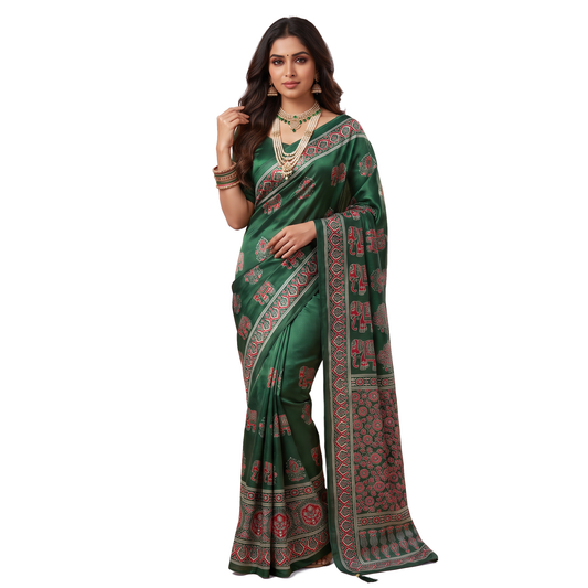Shri Hari Sarees Women's Ethnic Ajrakh Mirror Printed Art Silk Saree with Unstitched Blouse Piece.