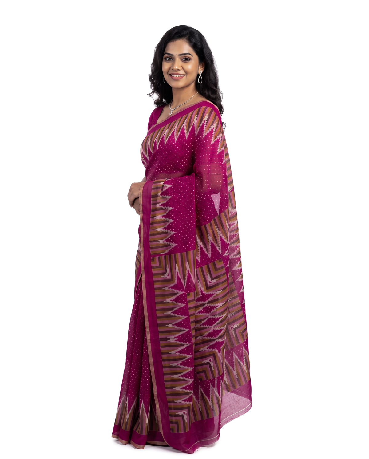 Women's Cotton Blend Ikat Print Saree with Unstitched Blouse Piece.