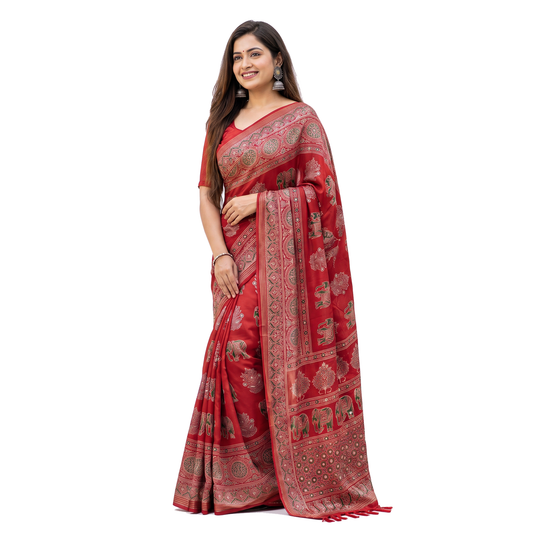 Shri Hari Sarees Women's Ethnic Ajrakh Mirror Printed Art Silk Saree with Unstitched Blouse Piece.