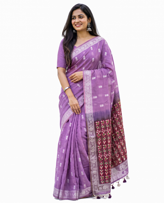 Women's Woven Design Linen Cotton Blend Saree with Unstitched Blouse Piece.