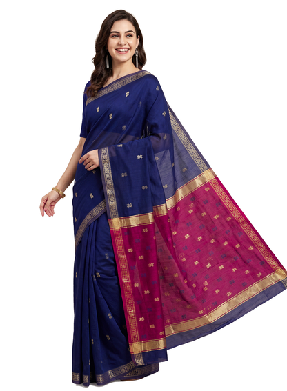 Women's Maheshwari Cotton Blend Woven Zari Saree with Unstitched Blouse Piece.