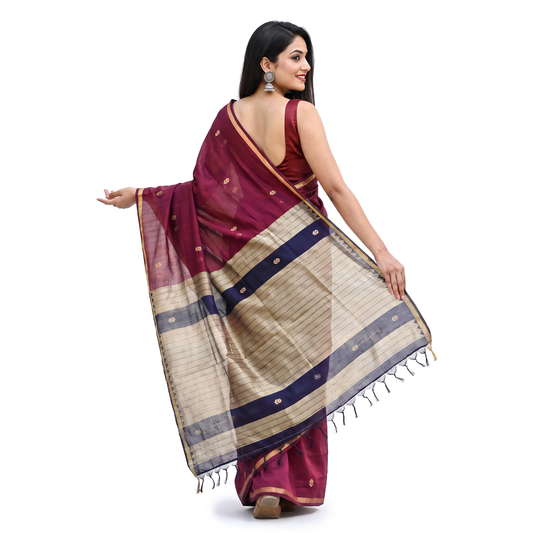 Women's Traditional Chanderi Cotton Linen Blend Saree with Zari Woven Border & Unstitched Blouse Piece.