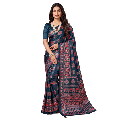 Shri Hari Sarees Women's Ethnic Ajrakh Mirror Printed Art Silk Saree with Unstitched Blouse Piece.