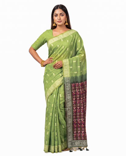 Women's Woven Design Linen Cotton Blend Saree with Unstitched Blouse Piece.