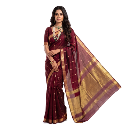 Women's Zari Maheshswari Cotton Blend Zari Woven Saree with Unstitched Blouse Piece.