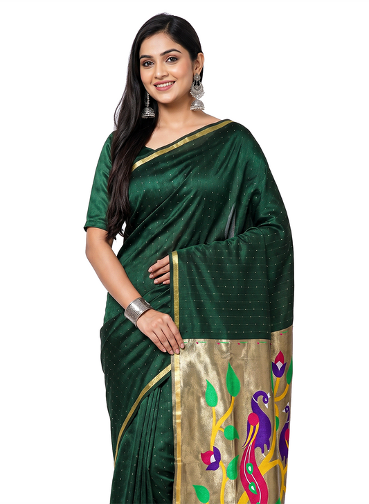 Women's Paithani Style Woven Linen Cotton Saree with Unstitched Blouse Piece.