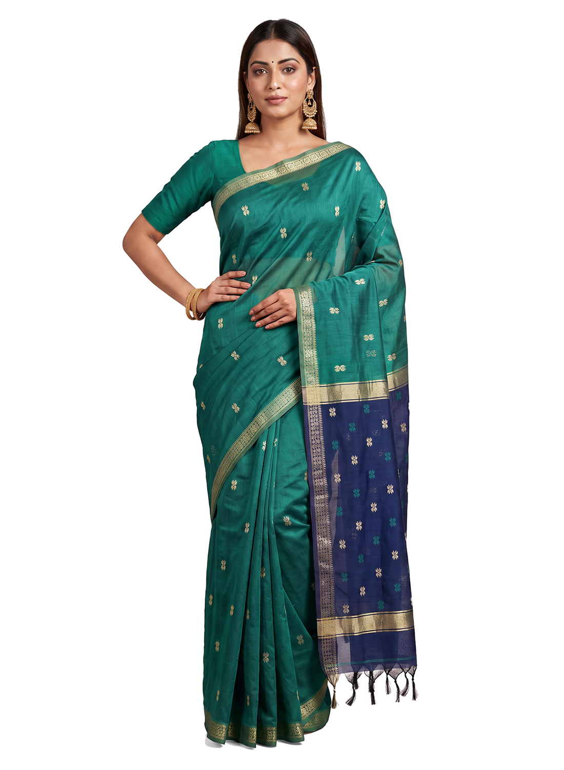 Women's Maheshwari Cotton Blend Woven Zari Saree with Unstitched Blouse Piece.