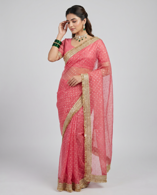 Women's Lightweight Organza Georgette Saree with Embroidered Zari Border & Unstitched Blouse Piece.