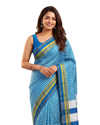 Women's Synthetic Silk Blend Checked Saree with Contrast Border & Unstitched Blouse Piece.