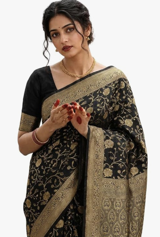 Women's Woven Banarasi Art Silk Saree with Unstitched Blouse Piece.