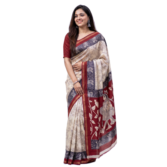 Women's Cream and Maroon Cotton Saree with Traditional Print.
