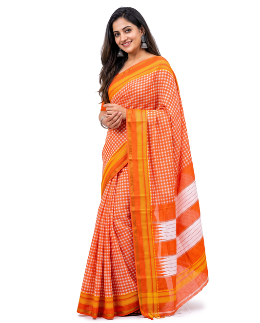 Women's Synthetic Silk Blend Checked Saree with Contrast Border & Unstitched Blouse Piece.